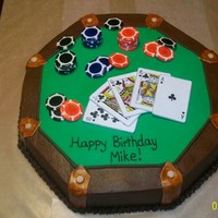 Texas Hold'em This cake was carved from a 16" round. It's chocolate with chocolate butter cream and accented with fondant. Cards are edible...