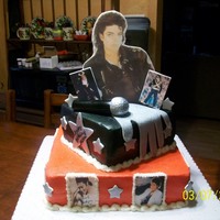 King Of Pop! 12" chocolate on bottom 8" strawberry on top, both filled and covered with butter cream. All pictures are edible images....