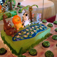 Jungle Animal Baby Shower Cake Still getting used to smoothing buttercream, getting better. The leaves and lake are fondant and the animals are cover in fondant as well....