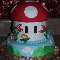 Super Mario Brothers i got the ideas from cc so thanks!! bottom is 10 inch rd , mushroom 'stem' is 2 six inch rounds, and the top is the med pyrex...