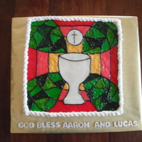First Communion Stained Glass Window Cake Chocolate sour cream cake with chocolate ganache filling and bc frosting.