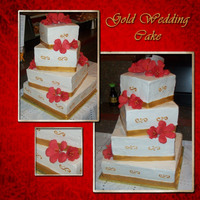 Gold Wedding Cake 12", 10", 8", and 6" square red velvet cakes covered in buttercream. The ribbons around the bottom are fondant painted...