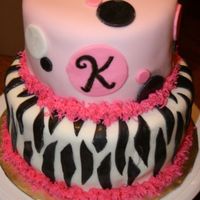 Zebra Cake 8" and 6" rounds. Buttercream icing covered with fondant. Accents in fondant with hot pink buttercream "grass" for trim...