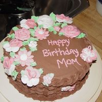 Moms Pink Garden Chocolate Cake, Chocolate Buttercream with flowers & butterflies and basketweaving