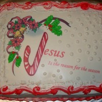 Jesus Is The Reason Sheet cake half white half chocolate. White side is filled with banana cream , chocolate side is filled with toffee. Edible Image.