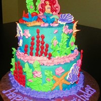 Little Mermaid Cake 6" and 8" round cakes, iced in bc, accents made using royal icing. cake topper is a candle