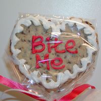 Bite Me Cookie! I make these every year for gifts. I use mini chocolate chips in my recipe so I can still cut them into shapes.