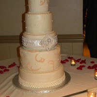 Tara's Cake Cake for my cousin's wedding. Feathers and pearls was the theme. Covered in MMF. Sash was the only thing not edible.