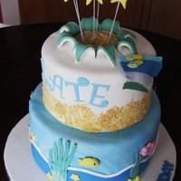 Beach Birthday Beach-themed birthday cake for 10-year-old girl. Smiling starfish are "exploding" from the toptier. Other details include fondant...