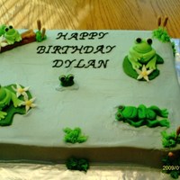 Frog Birthday Cake Cream Cheese Pound cake w/ Buttercream frosting and MMF frogs and decorations