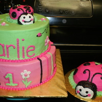 Lady Bug First Birthday 8" and 10" stacked with ladybug carved from jumbo cupcakes. Smash cake is 1/2 ball pan and cupcake carved for head. All...