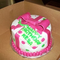 Pink And Green Present Cake This is an 8 inch strawberry cake with cream cheese filling covered in buttercream and mmf accents. Thanks for looking!!!!!1