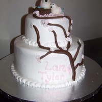 Bridal Shower Cake Strawberry Cake with almond buttercream frosting and fondant birds, branches and flowers