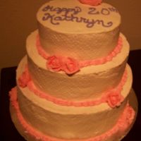 Kathryn's 20Th Birthday 3 TIER BIRTHDAY CAKEBUTTERCREAM FROSTING AND ROSESBOTTOM IS CHOCOLATE, MIDDLE IS STRAWBERRY, TOP IS WHITE CHOCOLATE
