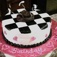 Poop On The Kitchen Floor 8 inch round cake covered in vanilla fondant. Kitchen floor tiles painted with black food coloring. Poop made from chocolate fondant. Flies...