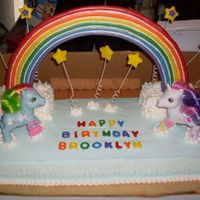 My Little Pony This cake is chocolate with buttercream icing, the rainbow, stars and lettering are all fondant. The only thing that is not edible on this...