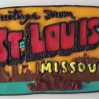 Greetings From St. Louis Sugar cookie w/RI. Cookie for a Welcome to St. Louis gift basket. Inspired by semi-vintage postcard.