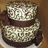 Pretty In Green 2 tiers iced in BC with ganache scrollwork and drk choc curls