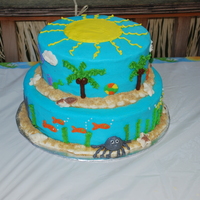 Summer Cake My first tiered cake. 12" on bottom, 9" on top. All BC, with chocolate shells and 'nilla wafer sand. Thanks for looking.