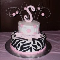 Pink And Zebra Birthday Buttercream with fondant accents. Gum paste monograme, balls on wires*sorry cell phone pic