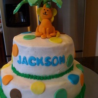 King Of The Jungle Baby Shower 2 9" rounds, 2 6" rounds. Covered in buttercream with fondant accents. Lion is fondant mixed with gumtex, hand molded. Palm...