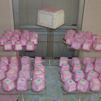 Baby Blocks This set up was for a pastel baby shower. The main cake is 5" square and is a big baby block with the sides saying "B-A-B-Y&quot...