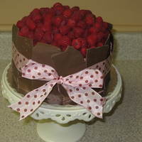 Chocolate & Raspberry A cake for friends party. White cake with raspberry buttercream. Surrounding by chocolate that was tied on with decorative ribbon and then...