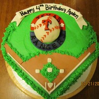 Texas Rangers Baseball Cake buttercream iced, edible baseball made from RKT and covered in chocolate.