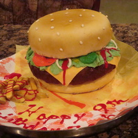 Hamburger And Fries Birthday Cake hamburger and fries birthday cake, fondant covered cake with a brownie burger
