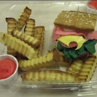 April Fool's Day Cupcakes Cupcake base, poundcake for the top slice of bread, poundcake fries.