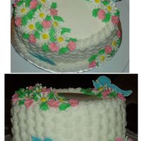 Wilton Course 2 Final Cake White cake with almond flavored buttercream icing. Royal icing flowers and color flow birds. Buttercream basketweave, rope borders, and...