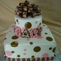 Baby_Shower.jpg Yhis is a 10" square base and a 8" round top tier, iced in buttercream and accented with fondant. Inspiration came from another...