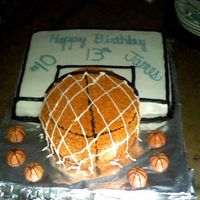 Basketball Cake Basketball going through the hoop surrounded by chocolate basketballs