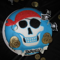 Pirate Birthdaycake! Fondant and buttercream accents, Red, white, black, and blue inexpensive plastic gold coins