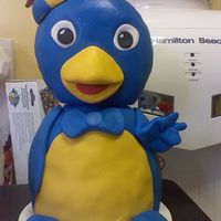 Pablo- Backyardigans He is made out of Rice Krispy Treats and covered with Fondant. I also made a Uniqua to stand on the side of a #2 shaped cake.