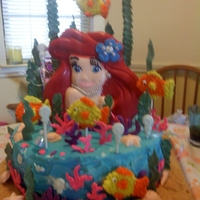 Ariel the ariel standing up on the cake is a candy plaque. the cake was 3 layers - caramel, white and chocolate. the sand is graham crackers, the...