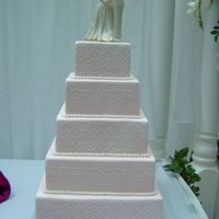 5 Tier Pink Fondant Dummy cake from bridal show, Pink fondant with fondant pearl accents.