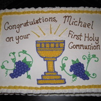 First Communion I made this a fruit basket (fresh strawberries) cake with white cake and whipped cream frosting. I decorated with a stiff buttercream. I...