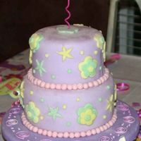 Daughter's 1St Birthday Cake And My First Time Using Fondant And Stacking Cakes 8" and 6" rounds filled and covered in buttercream, then covered anddecorated in fondant.