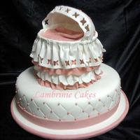 Pretty Rose Bassinet The bassinet was made by using a 6 inch, double layer, cake covered in Fondant ruffles. The bassinet canopy is Fondant mixed with a little...