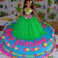 Hawaiian Luau Birthday Cake For My 7 Year Old Daughter 14-inch round bottom layer with the wonder mold cake for the barbie's hula skirt. used buttercream icing.
