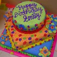 3-Tier Birthday Cake With Fondant; Whimsical, Colorful, Used Buttercream Details my 1st fondant cake!! 3 tiers with multi-colored fondant, fondant accents as well as buttercream details. A fun experience!! I look forward...