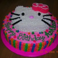 Hello Kitty Birthday Cake 14-inch round layer iced in buttercream with hello kitty face cut out of a 6-inch round cake. used colors that matched some hello kitty...