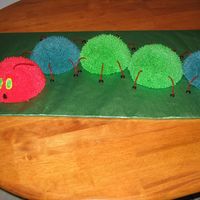 Very Hungry Caterpillar Cake For a boy's 1st birthday, based on "the very hungry caterpillar" book. Five sports ball pan halves make the body, red...