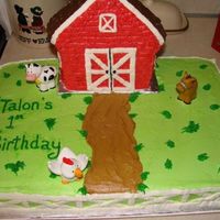 Farm Cake Used a sheet cake pan, Wilton house pan, BC frosting, and plastic farm animals.