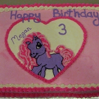 My Little Pony Birthday Cake BC Icing; Heart is FBCT with piped shell border; My Little Pony is FBCT with piped mane & tail. Shell border is piped BC frosting in...