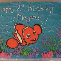 Nemo 2Nd Birthday Cake 11x15 2 layer white cake, strawberry cream cheese filling, BC icing, coral & lettering piped on freehand, Nemo FBCT, hand painted...