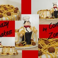 Chef Wrapped In Spaghetti & Meatballs PANTRY SHOWER CAKEWhite velvet cake with swiss meringue buttercream - chef is constructed from cake cones, and MMF.....cake is covered in...