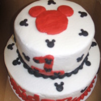 1St Bday Mickey Cake bottom tier yellow cake -top tier choc. both w/ buttercream icing.
