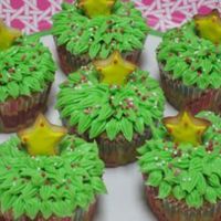 Christmas Tree Cupcakes I made this for my daughter's school. Green buttercream frosting with sprinkles, top with iced sugar cookies. The kids all love it.